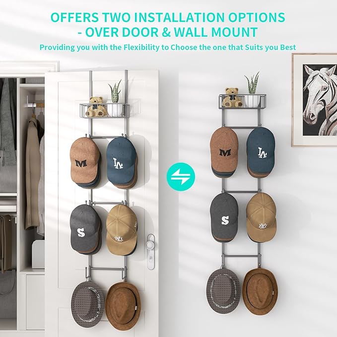 HapiRm Over Door Hat Rack - 2 Packs Wall Mounted Hat Holder with 6 Hooks and Metal Basket Design, Baseball Cap Organizer Storage Up to 32 Caps for Door, Bedroom, Closet (Grey)