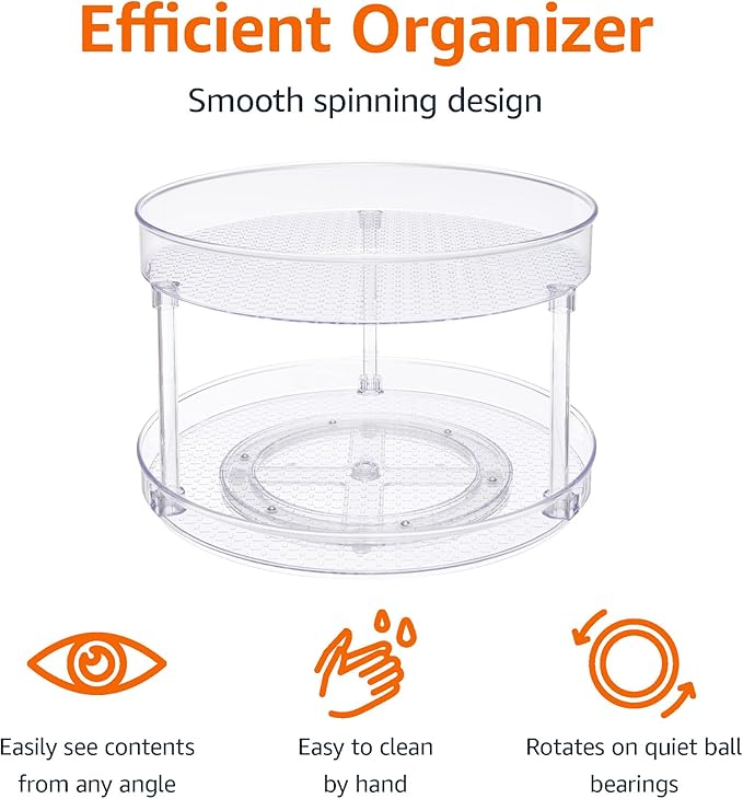 Amazon Basics 2 Tier Lazy Susan Turntable Organizer for Condiments, 12" Diameter, Clear