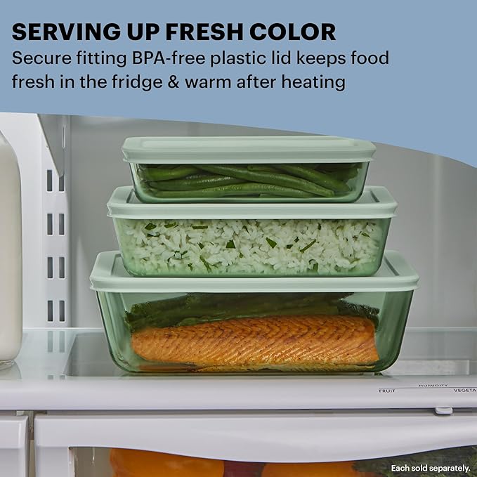 Pyrex Colors Tinted (6-PC Large) Medium/Large Rectangle Food Storage Container Set, Snug Fit Non-Toxic Plastic BPA-Free Lids, Freezer Dishwasher Microwave Safe, 3 Cup, 6 Cup & 11 Cup