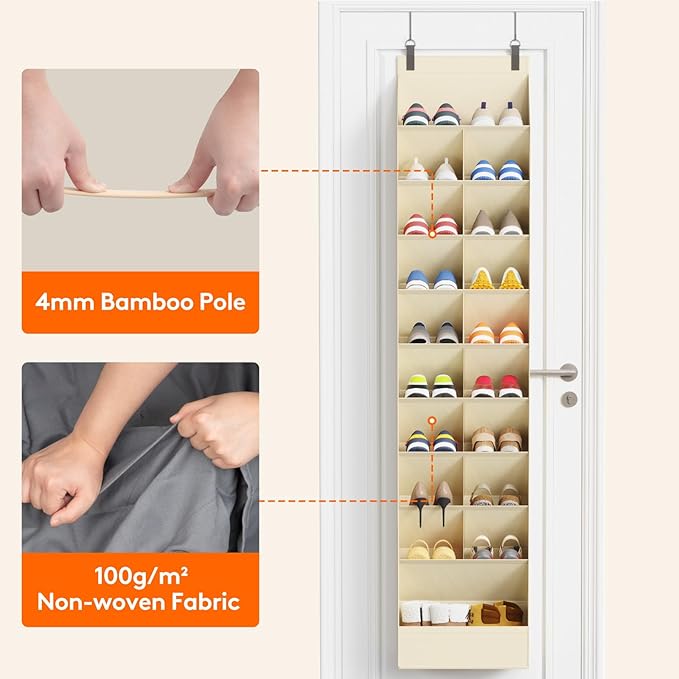 Lifewit 10 Tier Over the Door Shoe Organizer with 19 Large Deep Pockets, Fabric Hanging Shoes Shelf for Closet, Dorm Storage, Fit Up to 20 Pair Shoe Rack Holder for Sneakers, Boots, Beige