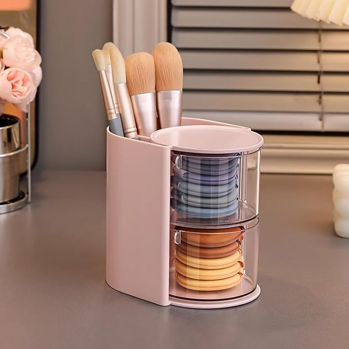 Azurphoric Hair Accessories Organizer with Hair Brush Holder, Rotatable Makeup Brush Holder for Necklaces, Earring, Bracelet, Ring, Makeup Brushes, Hair Clip and Hair Accessories (Pink, 2-Layer)