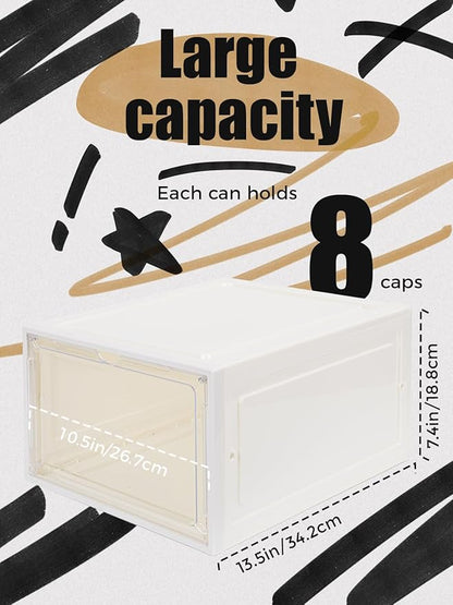 SCAVATA 6 Pack Hat Organizer Box, Stackable Clear Baseball Caps Holder Box Containers with Magnetic Door for Hats Snapback Cap Storag, Hat Rack Display Case, Holds 8 Hats Each (White)