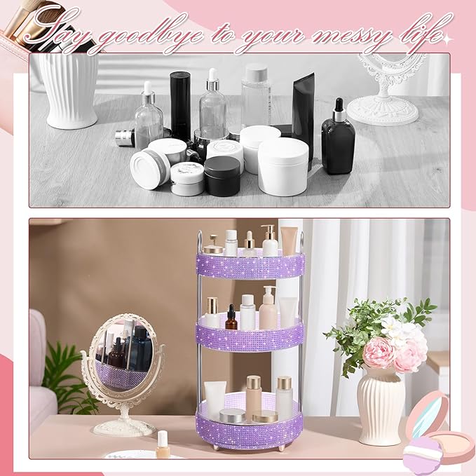 Honeydak 360 Rotating Perfume Organizer for Mother Day Nurse Day Rhinestone Bathroom Counter Organizer Makeup Holder Skincare and Perfume Storage for Cosmetic Countertop(3 Tiers,Resin Stone,Purple)