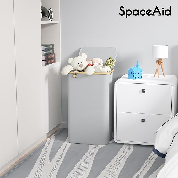 SpaceAid Laundry Hamper with Lid, 110L Large Tall Clothes Basket Bin with Bamboo Handles, Collapsible Laundry Hamper for Bedroom, Bathroom, Dorm, Laundry Room - Light Grey