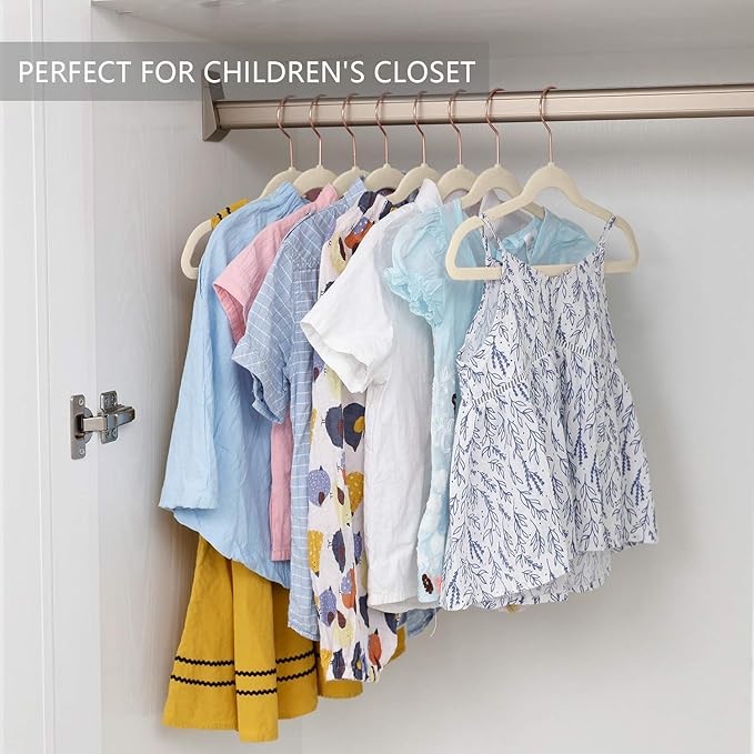MIZGI Kids Velvet Hangers,Non-Slip Big Kids Hangers,14 Inch Hangers for Youth,Teen Clothes,Pack of 50（Ivory/Rosegold）