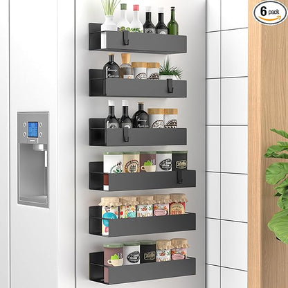 HuggieGems 6 Pack Magnetic Spice Storage Rack Organizer for Refrigerator and Oven, Matt Black Fridge Organizers and Storage