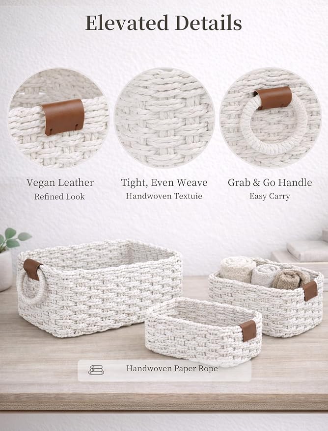 Storage Basket, Recycled Paper Rope Bathroom Basket Organizer, 3Pcs Small Baskets for Organizing, Mini wicker Basket for Decorative Storage Bins, Shelves, Bathroom, Cabinet - White