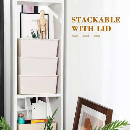 Menkxi 4 Pcs Storage Bins with Lids Plastic Stackable Containers for Organizing Shelves Christmas Ornament Box Baskets(Beige,Large)
