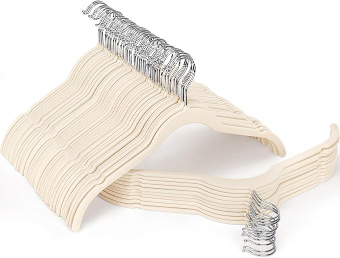 Beige Velvet Hangers 100 Pack, Non-Slip Felt Hangers with Shoulder Notches, Slim Space Saving Clothes Hangers with 360°Swivel Hook for Shirts Heavy Coats Clothes Dresses Closet(Beige)