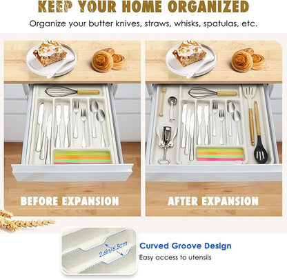 FANCILLA Heavy Duty Silverware Organizer for Kitchen Drawers - Large Wheat Straw Utensils Drawer Organizer, BPA-Free Adjustable Cutlery Holder, Dishwasher Safe, 6-8 Wider Slots (White)