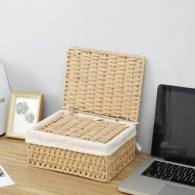 GIB Small Wicker Storage Baskets with Lids and Liner, Rectangular Paper Rope Woven Baskets for Organizing, Decorative Boxes Boho Decor for Shelves Table Desktop Makeup Organizer, Set of 3