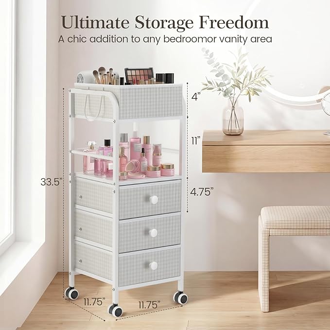 2-in-1 Makeup Organizer Cart with Removable Travel Cosmetic Bag, 5 Tier Rolling Makeup Cart on Wheels with Drawers, Floor Cosmetic Display Cases Holder for Vanity Skincare Perfume Nail Polish Storage