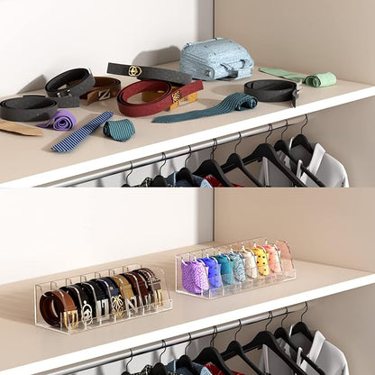 FEMELI Belt Organizer Acrylic Clear Case Storage Holder for Closet and Drawer, 7 Compartments Tie Box Container with Display Stand