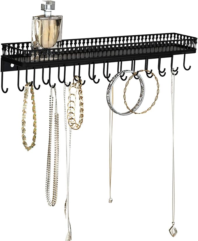J JACKCUBE DESIGN Wall Mounted Black Metal Jewelry Hanger, Necklace Display Storage Holder with Tray and 25 Hooks for Necklace Earrings Bracelet Ring Watch - MK621A