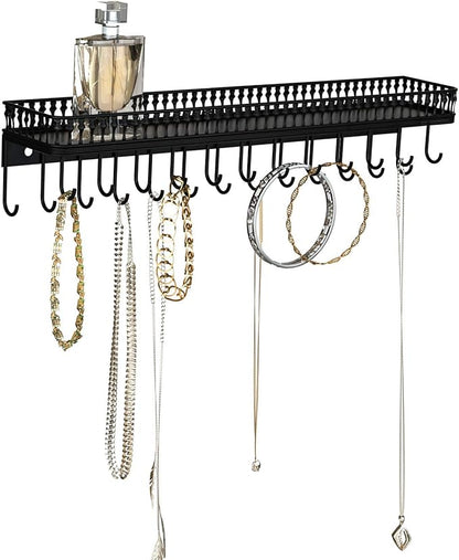 J JACKCUBE DESIGN Wall Mounted Black Metal Jewelry Hanger, Necklace Display Storage Holder with Tray and 25 Hooks for Necklace Earrings Bracelet Ring Watch - MK621A