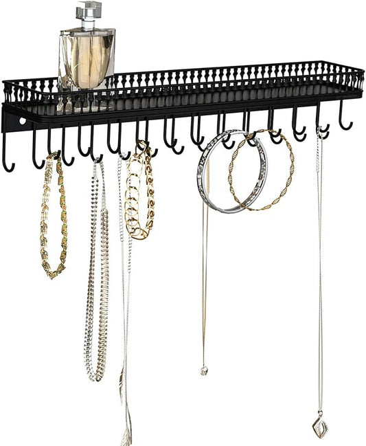 J JACKCUBE DESIGN Wall Mounted Black Metal Jewelry Hanger, Necklace Display Storage Holder with Tray and 25 Hooks for Necklace Earrings Bracelet Ring Watch - MK621A