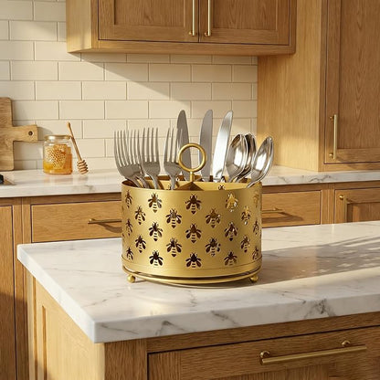 NelyBet 360°Rotating Utensil Caddy Countertop - Bee Silverware Caddy Holder with 4 Compartment - Mesh Cutlery Caddy Holder with Handle for Party Kitchen Counter Office Gold