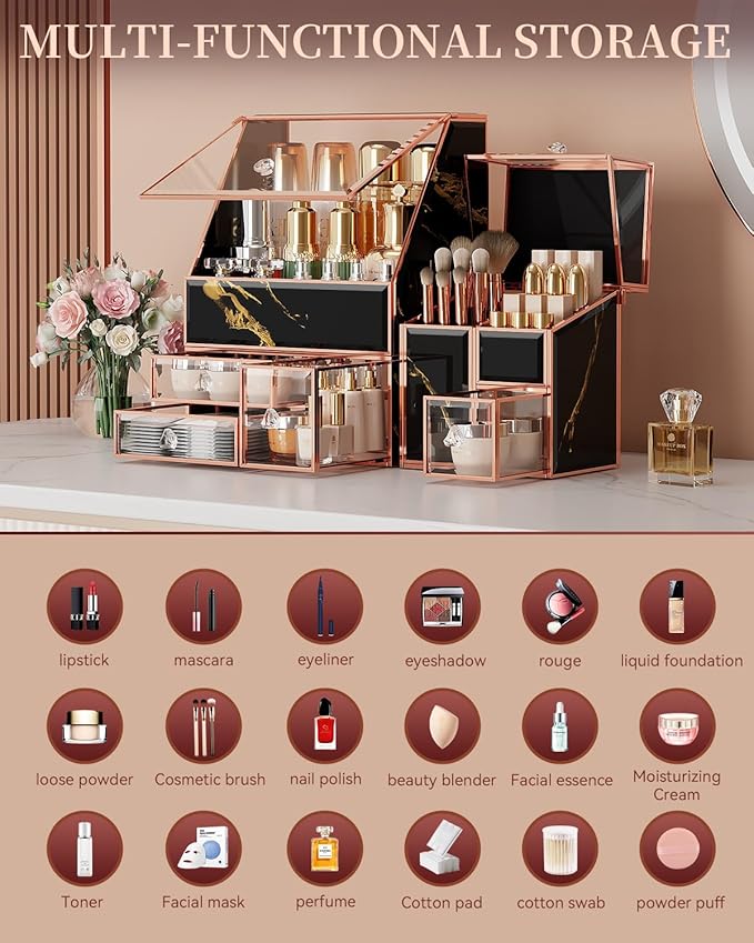 CoralHouse Makeup Organizer Black,Glass Vanity Organizer for Skincare, Perfume, Brushes & Lipsticks – Countertop Makeup Storage Box for Women, Bathroom or Dresser