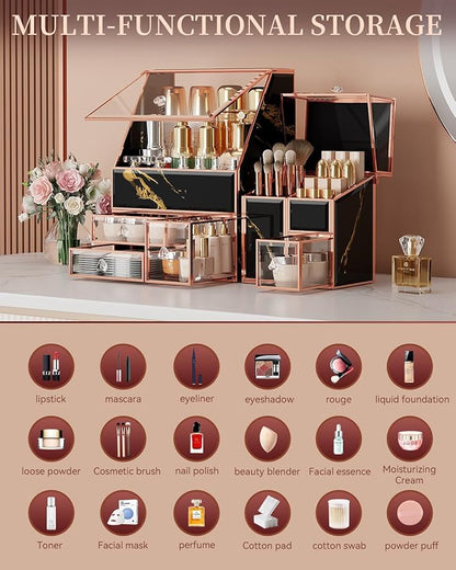 CoralHouse Makeup Organizer Black,Glass Vanity Organizer for Skincare, Perfume, Brushes & Lipsticks – Countertop Makeup Storage Box for Women, Bathroom or Dresser