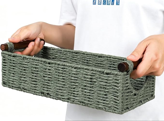 CubesLand Small Wicker Toilet Basket Tray Organizer W/Cut Out Handle, Handwoven Slim Decorative Basket for Countertop, Shelves And for Rustic Home Decor, Living Room, Nursery Organization, Green
