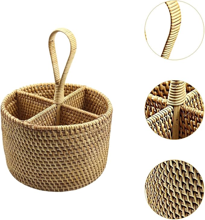 Utensil Holder Cutlery Holder Container for Spoon Fork Flatware Organizer Woven for Restaurant Dining Room Countertop Cooking, Round