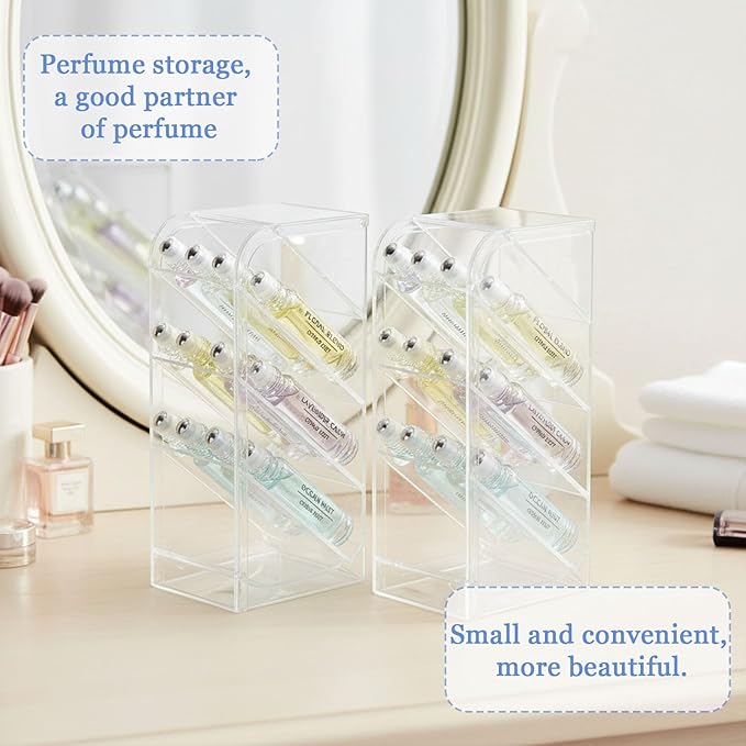 4-Tier Acrylic Rollerball Perfume Organizer, 2Pack 45° Slanted Perfume Holder, Transparent ScentBird & Travel Size Perfume Sample Storage Case(2pack)