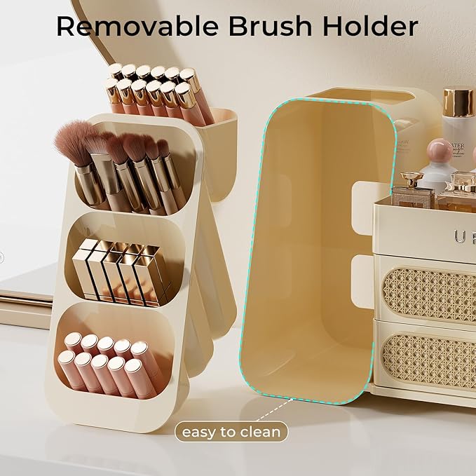 Makeup Organizer for Vanity with Brush Holder, Large Capacity Bathroom Countertop Skincare Organizer with 2 Drawers, Cosmetic Display Case for Perfumes, Eyeshadow Palettes, Nail Polishes