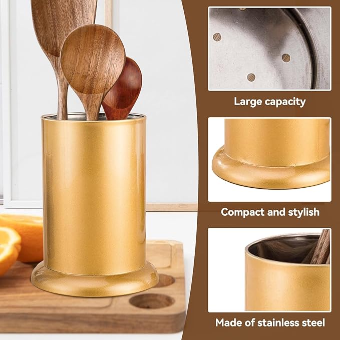 Cyrank Gold Utensil Holder, Drying Rack Caddy Basket Stainless Steel Utensil Drying Holder Silverware Storage Caddy Coffee Spoon Organizer for Fork, Knive, Spoon, Chopstick