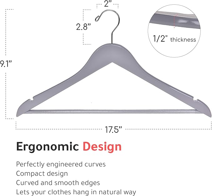 Quality Wooden Hangers - Slightly Curved, Heavy-Duty Coat Hangers with Stylish Chrome Hooks - 30-Pack Sets for Clothes, Jackets, Shirts, Pants, Suits (Gray)