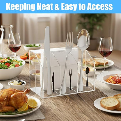 Lemecima Acrylic Utensil Holder Silverware Caddy Countertop Cutlery Plastic Organizer For Napkins Flatware Spoon Fork Knife, Space-Saving, For Buffet, Picnic Party