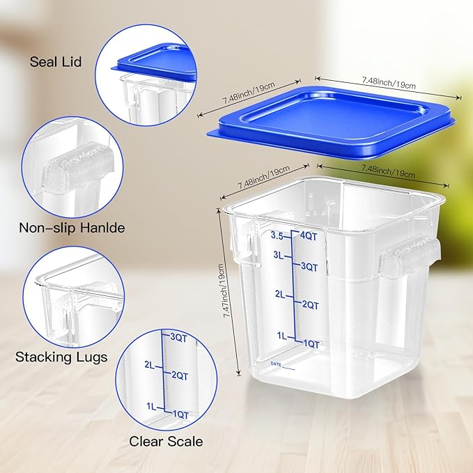 4 pcs 4qt Food Storage Containers with Lid, Square Clear Commercial Food Storage Containers with Handle and Scale for Food Storage in Home Kitchen & Dining (Blue)