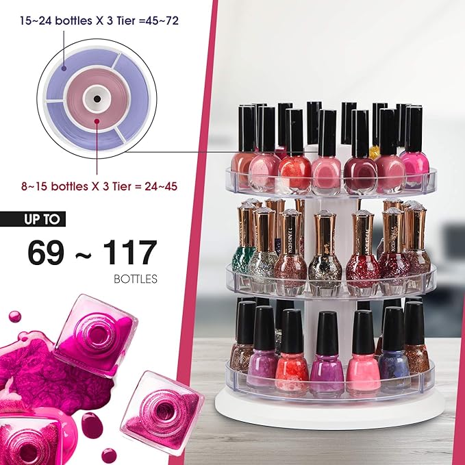 J JACKCUBE DESIGN Acrylic Rotating Nail Polish Display Stand Spinning Rack Holds 69 - 117 Bottles, 3 Tier Storage Holder Organizer for Nail Polish, Makeup, Essential Oil and more - MK548B