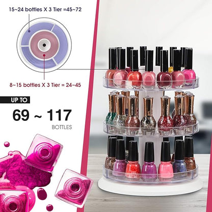 J JACKCUBE DESIGN Acrylic Rotating Nail Polish Display Stand Spinning Rack Holds 69 - 117 Bottles, 3 Tier Storage Holder Organizer for Nail Polish, Makeup, Essential Oil and more - MK548B