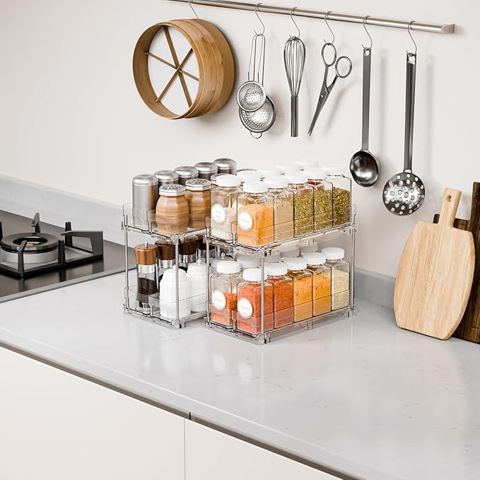 Yieach 2 Tier Sliding Spice Racks for Cabinets,2 Pack 10.4'' Deep Narrow Vertical Spice Rack Pull Out for Inside Cabinets,Kitchen,Pantry,Cupboard Seasoning,Jar Organizer and Medicine Cabinet Storage