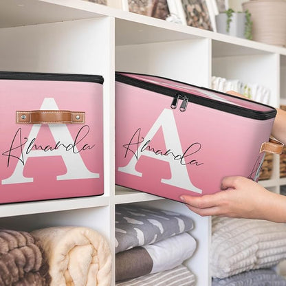 Custom Initial Name Storage Bins, Personalized Foldable Storage Basket Boxes with Zipper Lid&Handle, Customized Shelf Basket Cube, Gradient Pink