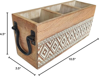 VANIYA CRAFTSR® Handmade Wooden Carved Design 3 Compartments Cutlery Utensil Holder For Napkins, Spoons, Forks, Tissues, Knife (Natural White Finish)