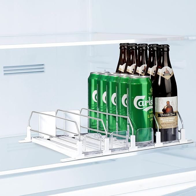 LumoShine Drink Organizer for Fridge, Self-Pushing Soda Can Dispenser for Refrigerator, Width Adjustable Pusher Glide for 12oz to 20oz holds (White, 14.96" D x 13.38" W— 4 Rows)