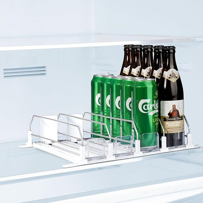 LumoShine Drink Organizer for Fridge, Self-Pushing Soda Can Dispenser for Refrigerator, Width Adjustable Pusher Glide for 12oz to 20oz holds (White, 14.96" D x 13.38" W— 4 Rows)