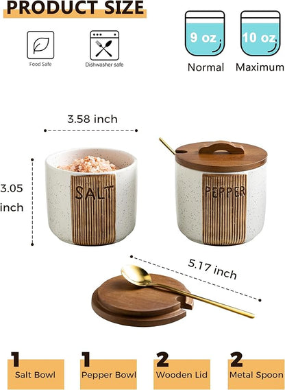 Salt and Pepper Bowl Ceramic, 10 Oz Salt and Pepper Cellar with Lid and Spoon, Farmhouse Salt Containers for Countertop, White