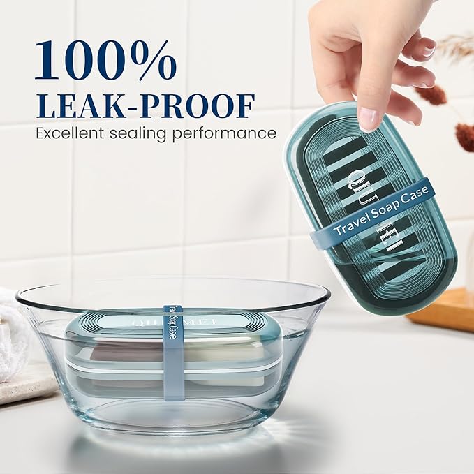 Shampoo Bar Holder and Soap Case | Leakproof Travel Container with Lid & Drain Tray | Includes Silicone Strap and Mesh Soap Bag | for Bathroom, Shower, Camping, Gym Travel (Blue, Large)