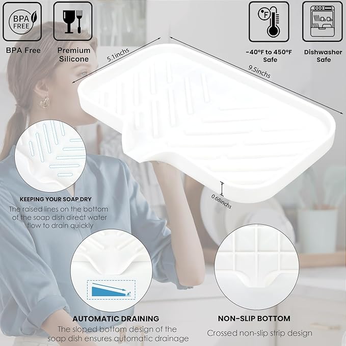 Yasmen Silicone Bathroom Soap Dishes, Sink Sponge Holder for Kitchen, Rubber Soap Dish with Drain, Shower Soap Sponge Tray, Sink or Counter Organizer, for Bar Soap, Bottle, Dish Soap Dispenser-White
