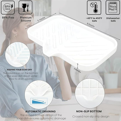 Yasmen Silicone Bathroom Soap Dishes, Sink Sponge Holder for Kitchen, Rubber Soap Dish with Drain, Shower Soap Sponge Tray, Sink or Counter Organizer, for Bar Soap, Bottle, Dish Soap Dispenser-White