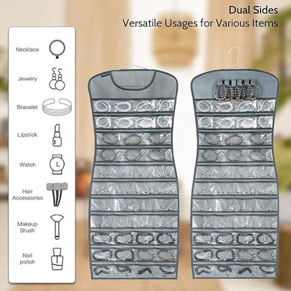 Hanging Jewelry Organizer Dual Sided 84 Clear Pockets and 6 Hook Loops Storage for Holding Jewelries Hair Accessories Dress Shaped Earring Holder (84 Pockets and 6 Hook Loops -Grey)
