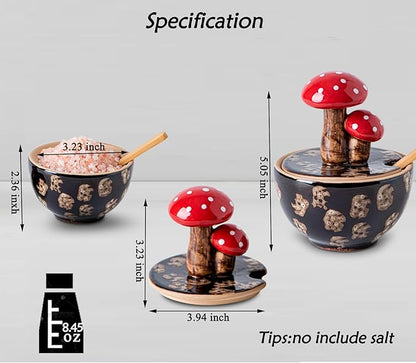 Brown Ceramic Mushroom Salt Cellar With Lid and Bamboo Spoon