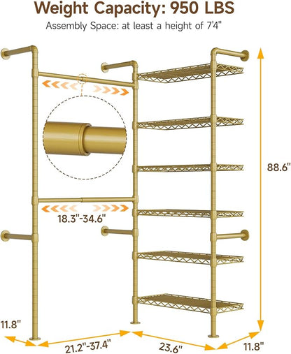 L2 Wall Mounted Closet System, Industrial Pipe Clothing Rack Clothes Racks with 2 Telescopic Rod & 6 Shelves, Heavy Duty Closet Organizers System in Wardrobe Closet, Gold