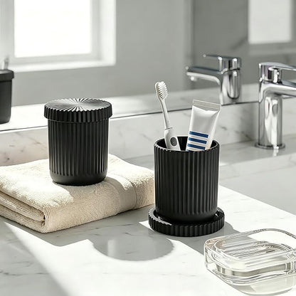 2 Pack Glass Qtip Holder Dispenser Set - Bathroom Organizer for Cotton Swabs, Balls, Pads, Floss Picks - Clear Apothecary Jars for Vanity, Makeup Storage, Bathroom Accessories Decor (Black)