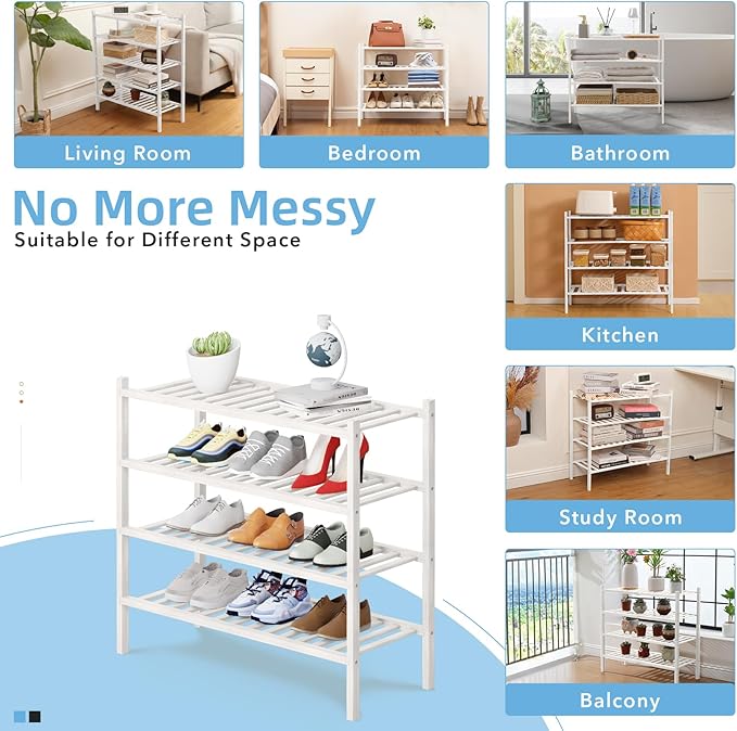 4 Tier Bamboo Shoe Rack Storage Organizer for Closet, Multifunctional Stackable Free Standing Shoe Shelf Organizer for Small Space,Entryway, Hallway, Bathroom27 x11 x26(White, 4 Tier)