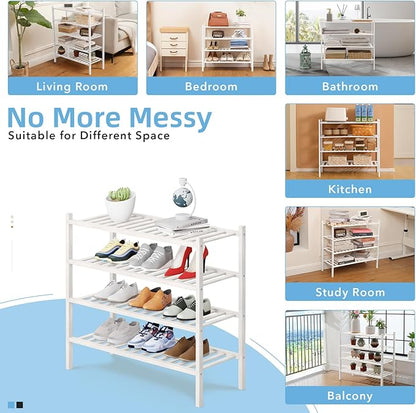 4 Tier Bamboo Shoe Rack Storage Organizer for Closet, Multifunctional Stackable Free Standing Shoe Shelf Organizer for Small Space,Entryway, Hallway, Bathroom27 x11 x26(White, 4 Tier)