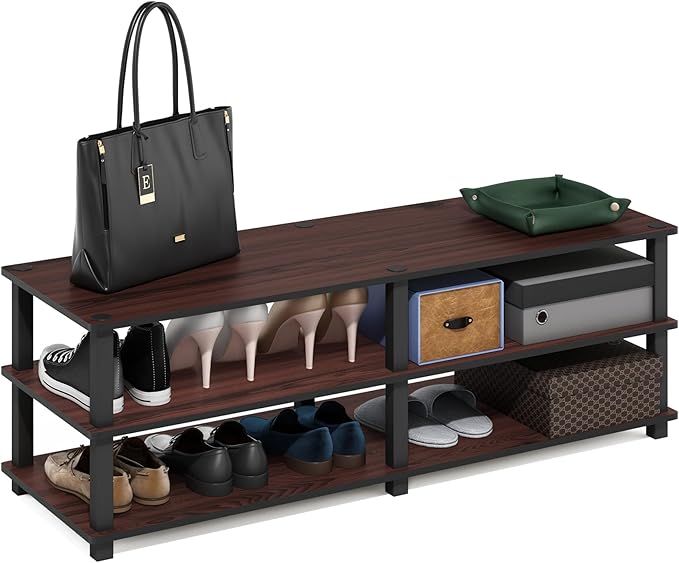 Furinno TURN-S-TUBE Shoe Rack, 3-Tier Wide Shoe Organizer, Open Shelf Rectangular Shoe Storage Rack, 11.6 x 47.2 x 15.4, Toolless Assembly, for Closet Entryway, Office, Garage, Dark Cherry