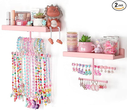 Keebofly Jewelry Organizer Wall Mounted Hanging with Wooden Shelf for Kids, Girls, Teens, Jewelry Holder Storage Display for Earring, Necklace, Bracelet, Bow, Pink, (Patented)